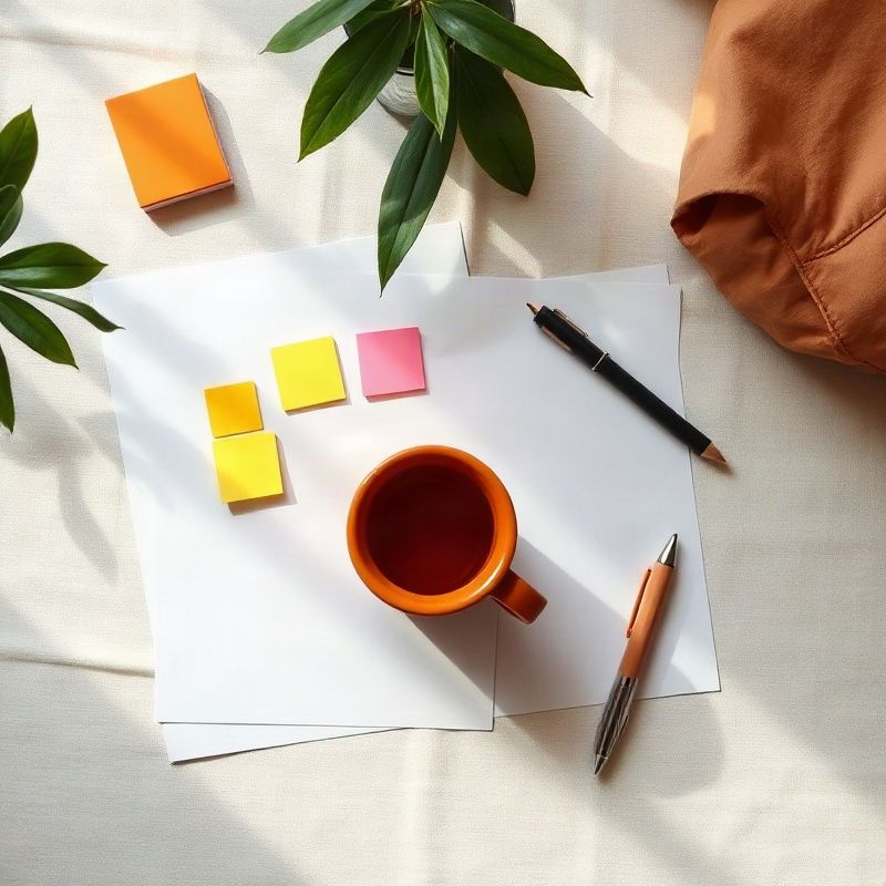 Flat lay editorial de papeles organizados y taza de cerámica terracota
