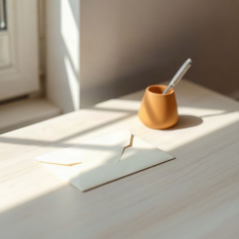 Sobre de color crema y portalápices de cerámica terracota sobre escritorio de madera