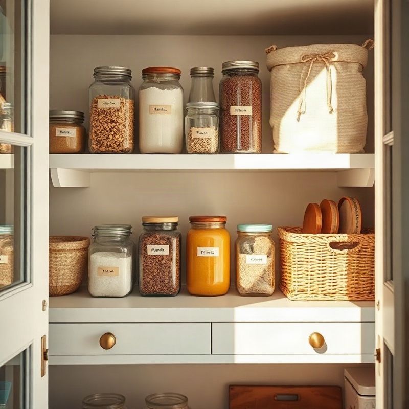 Despensa organizada con frascos etiquetados y canastos en tonos crema