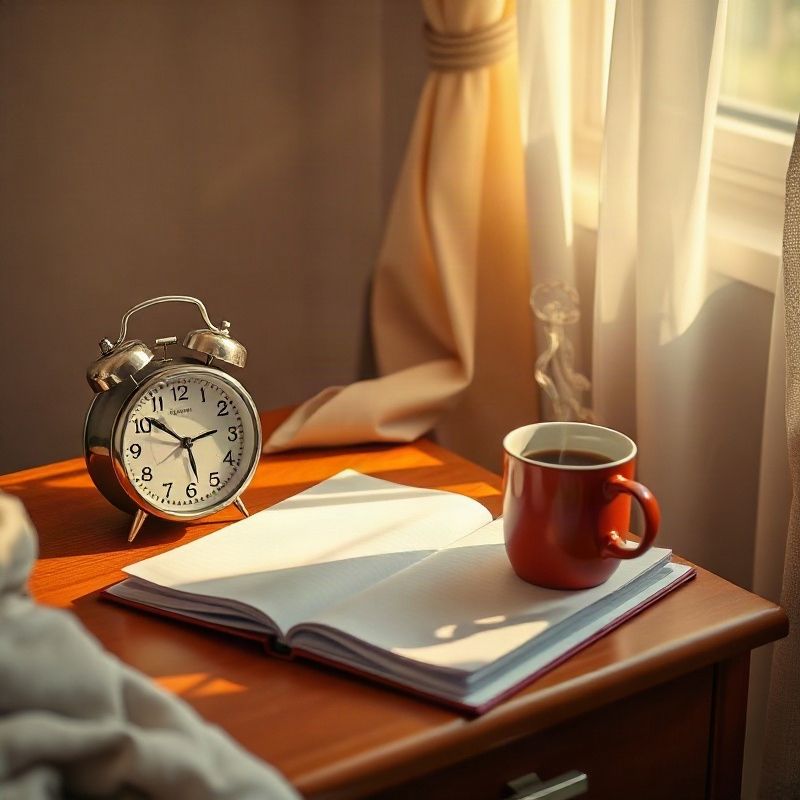 Escena matutina con reloj despertador, agenda y taza humeante en una mesa de noche terracota